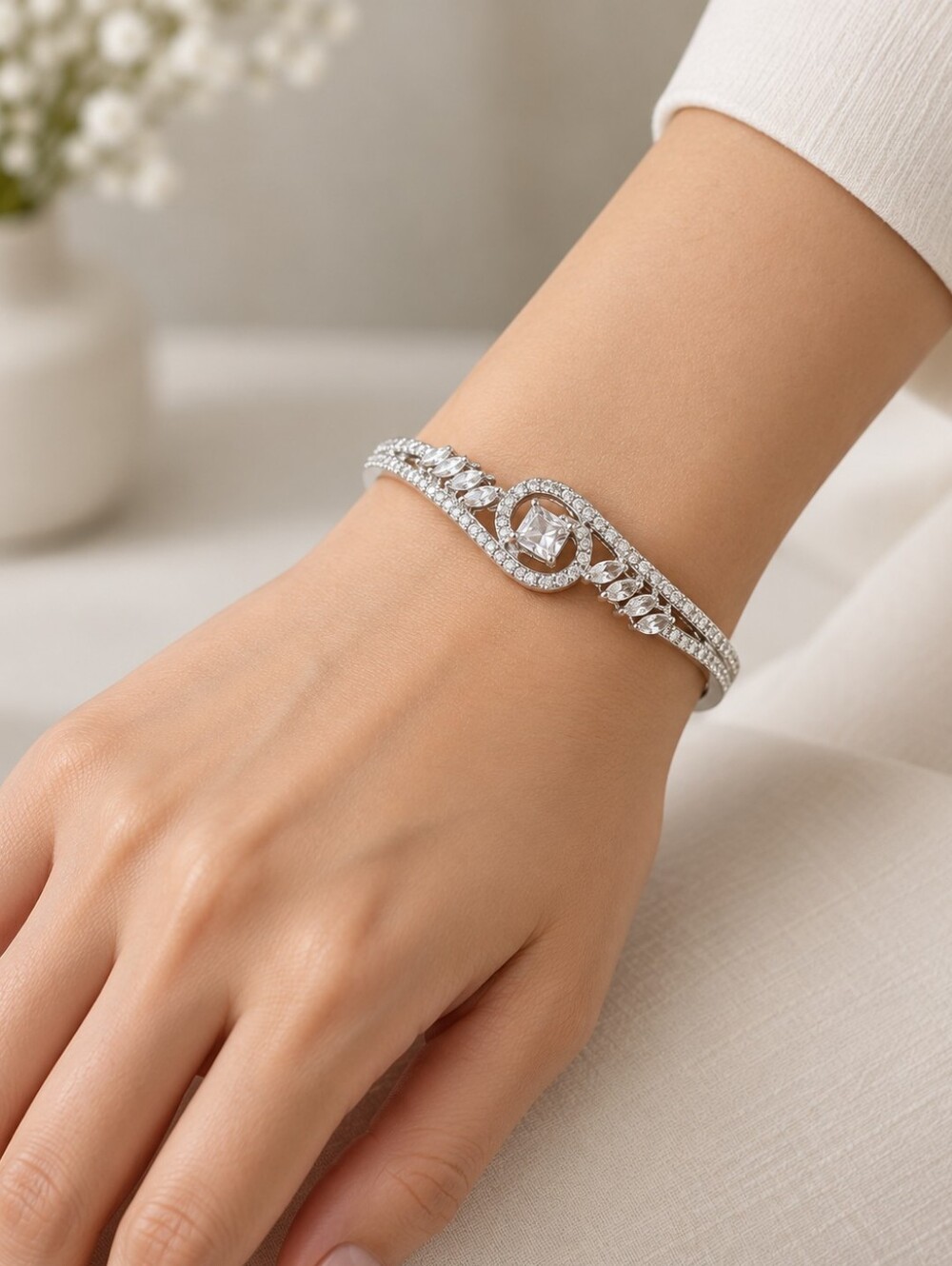 Silver American Diamond Openable Bracelet for Wedding, Prom & Party